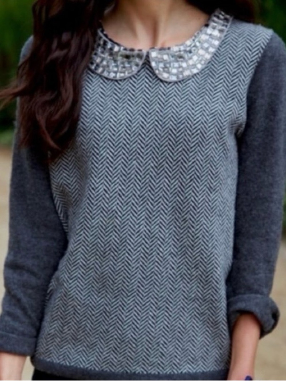 J Crew Jewel Collar Herringbone Sweater Size XS Merino Wool Blend